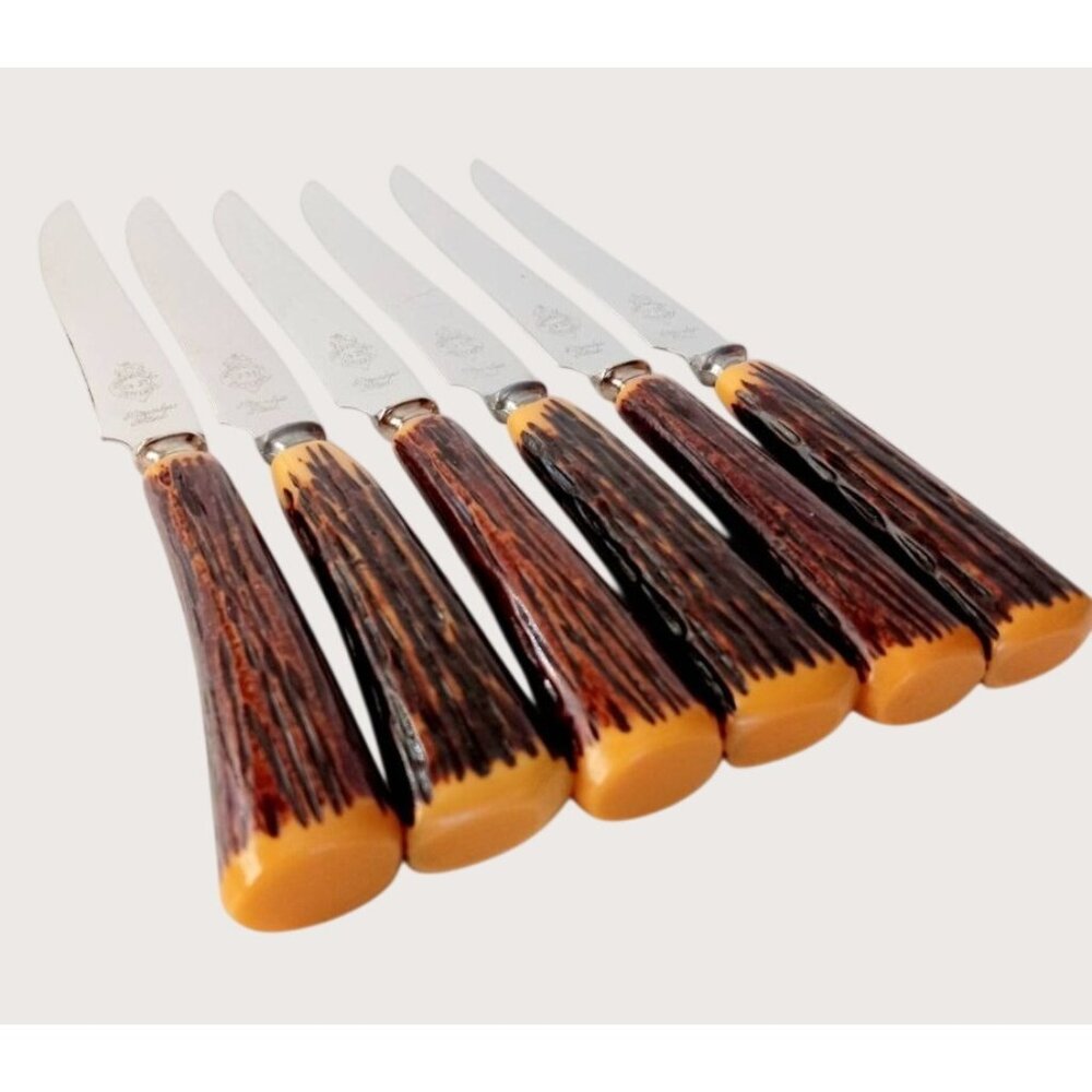 Vintage Sheffield England Steak Knives Set Of 6 With Faux Stag Handles & Stainle